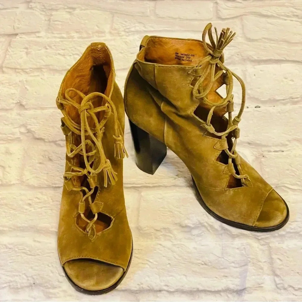 FRYE Women's Gabby Ghillie Block Heel Sandal Peep Toe Lace Up Bootie